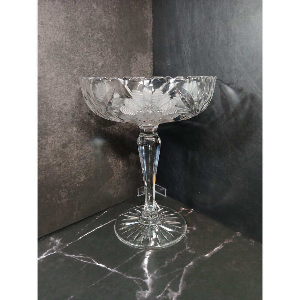 American Brilliant Cut Glass Compote 1910s Floral Pedestal Bowl